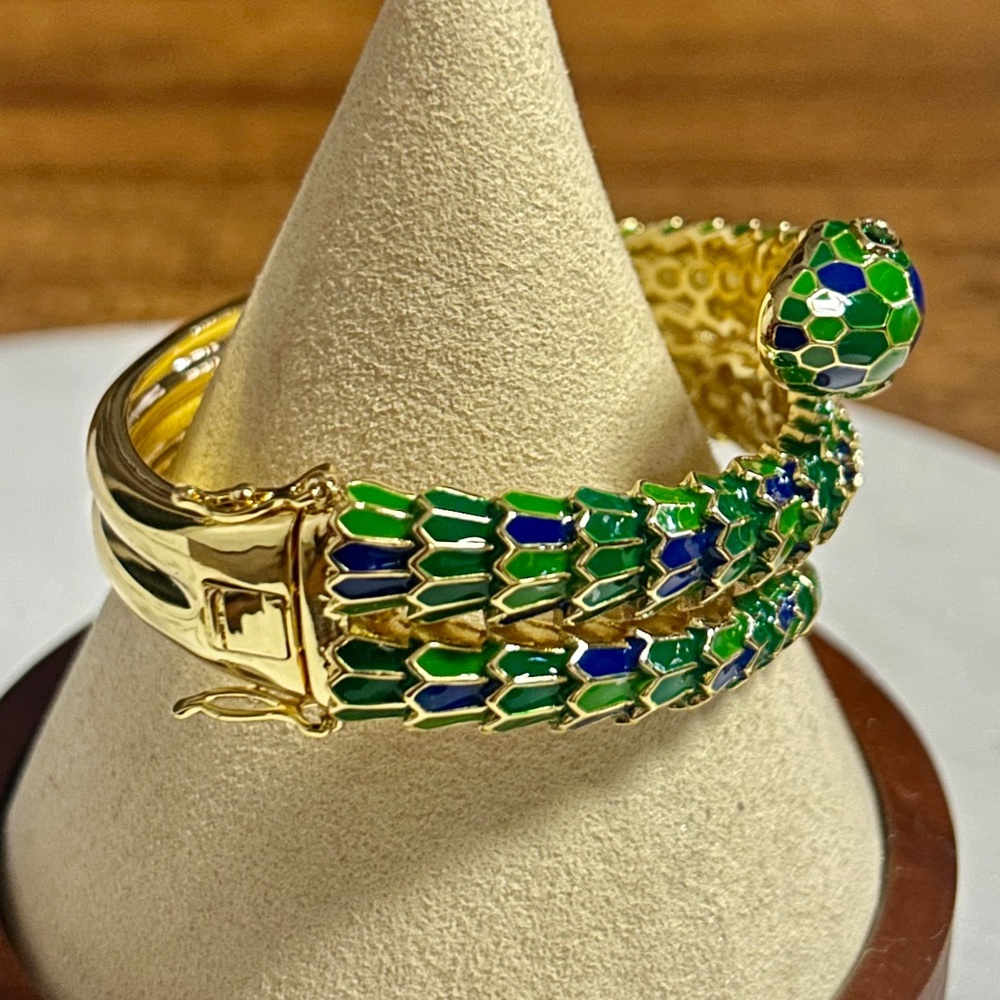 Rachel Glauber 14K Gold Plated W/ Green/Blue Cubic Zirconia 3D Serpent Bracelet - Picture 6 of 16